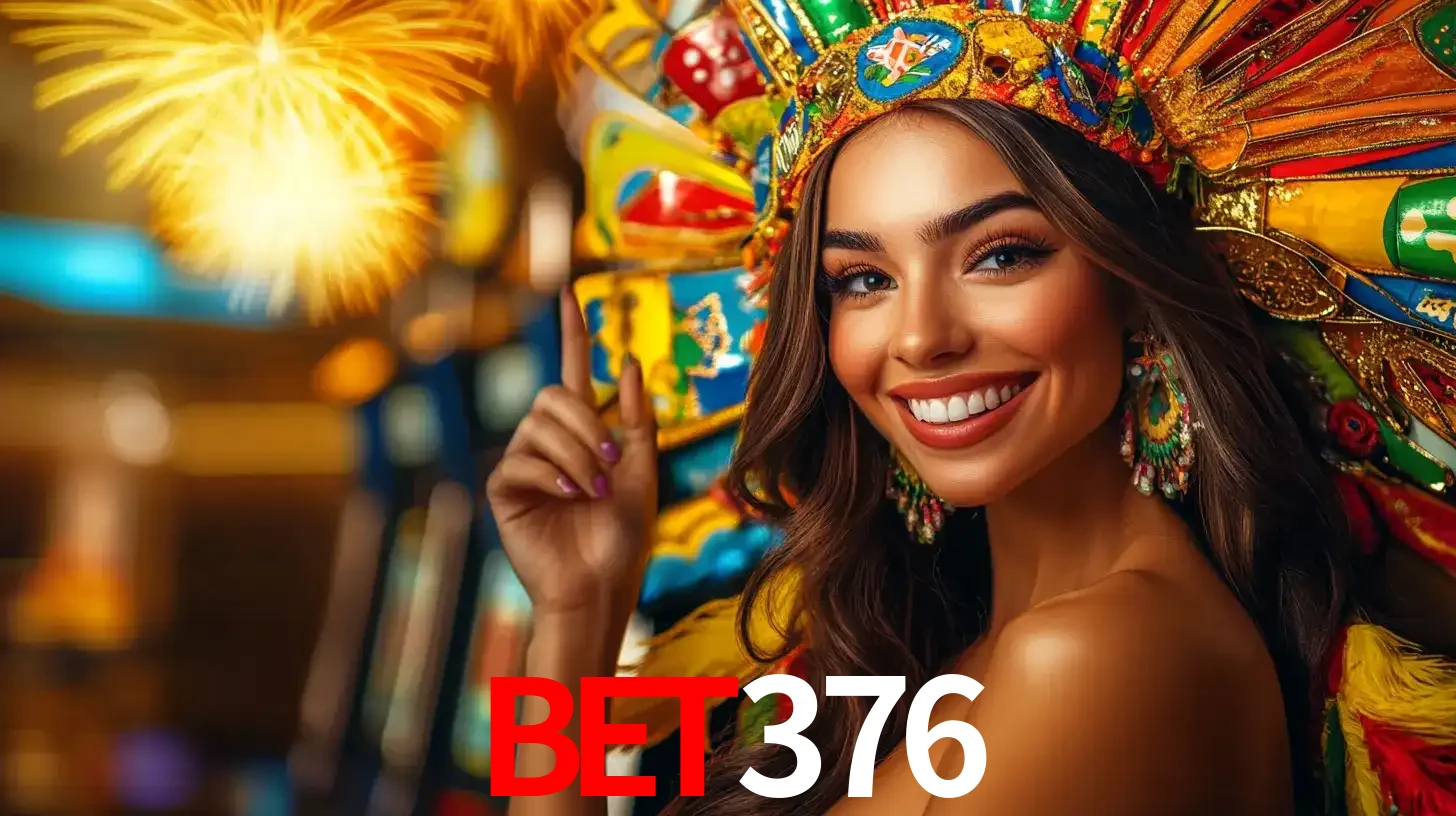 Mulher sorridente com um cocar de carnaval vibrante e colorido, celebrando uma grande vitória nos jogos do cassino bet376 com fogos de artifício ao fundo.