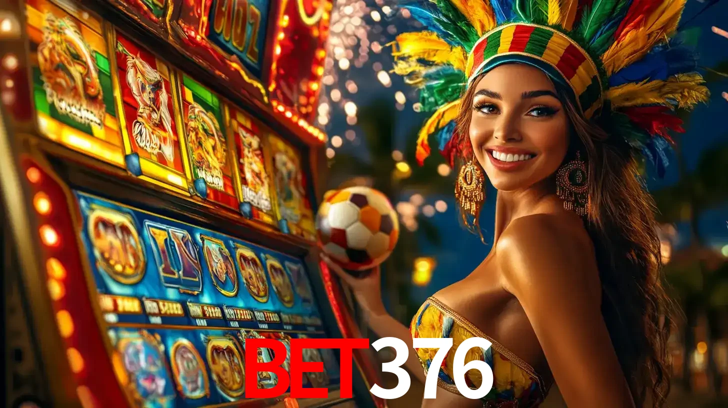 Mulher com um cocar de carnaval ao lado de uma máquina de caça-níqueis enquanto segura uma bola de futebol, mostrando a união da diversão de cassino e esportes no bet376.