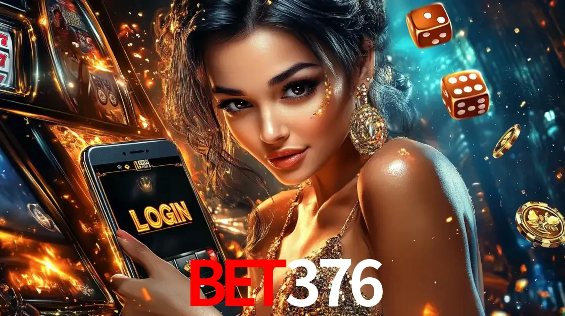 Mulher glamourosa segurando um celular com a tela de login do cassino bet376, rodeada por dados e moedas douradas, pronta para começar a diversão.