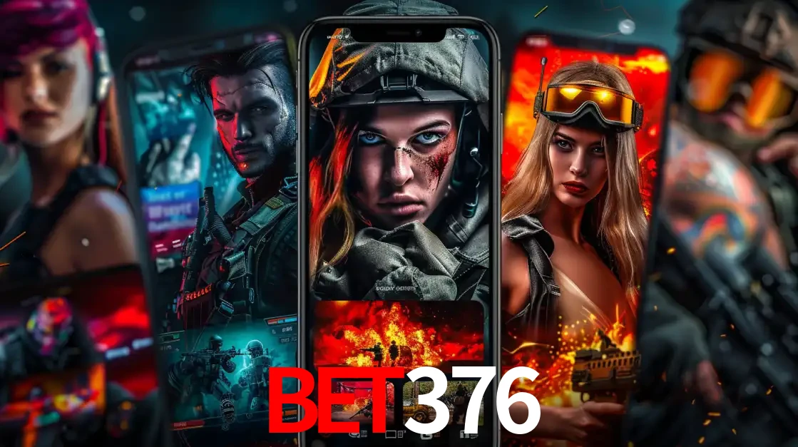 Montagem de telas de celular mostrando diversos personagens, masculinos e femininos, de um jogo de tiro, ilustrando a diversidade de equipes de e-sports para apostar no bet376.