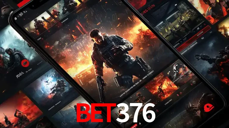 Tela de um celular exibindo uma galeria de jogos de tiro com temática militar, mostrando a variedade de e-sports disponíveis para apostas na plataforma de entretenimento bet376.