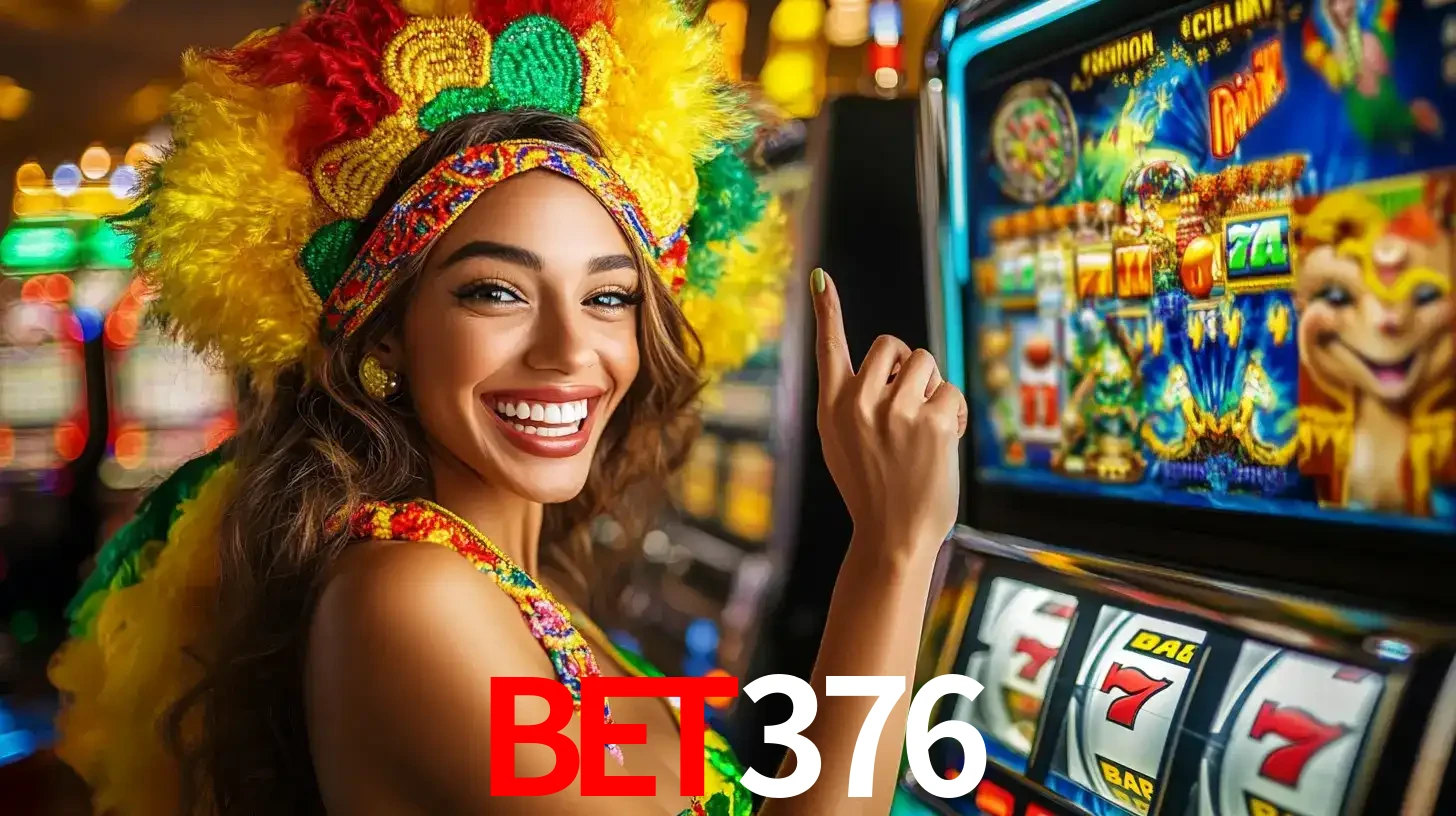 Mulher animada com um cocar de carnaval apontando para uma máquina de caça-níqueis, mostrando a emoção de ganhar um grande prêmio nos jogos do bet376.