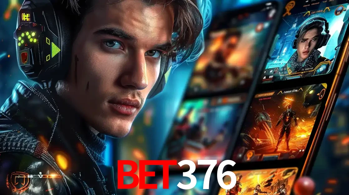 Jovem jogador com fones de ouvido olhando para a câmera, com um aplicativo de jogos e e-sports para celular ao fundo, pronto para a competição e apostas no bet376.