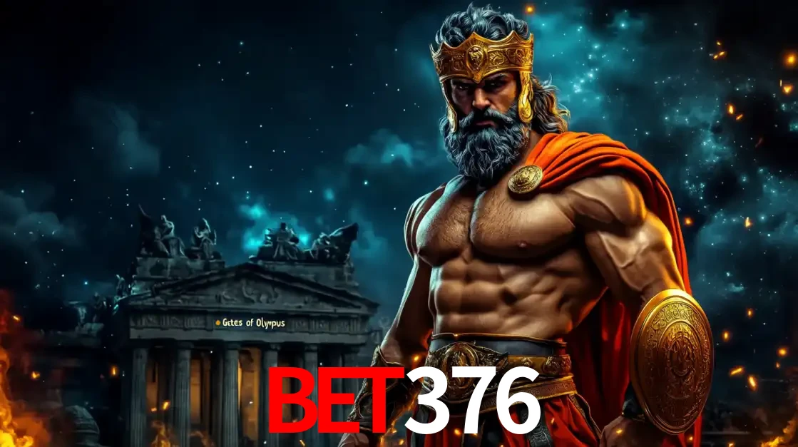 O poderoso Zeus do jogo de slot Gates of Olympus em frente ao seu templo, pronto para lançar multiplicadores divinos e prêmios épicos no cassino online bet376.