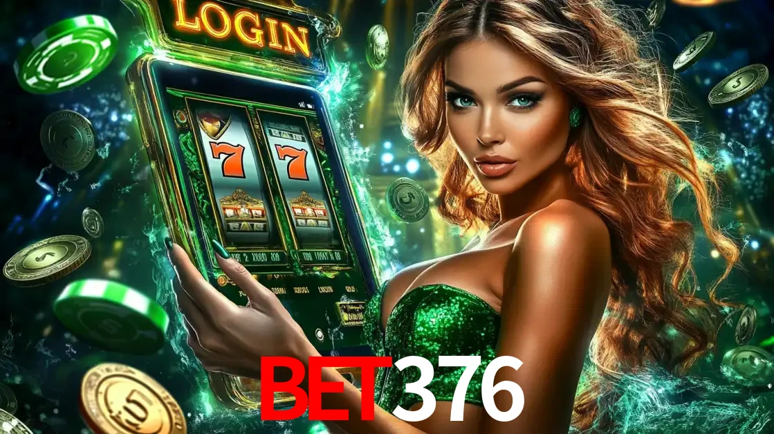 Mulher com tema verde apresentando o aplicativo do cassino bet376 com um jogo de slot de 777, cercada por fichas de cassino e uma aura de sorte.