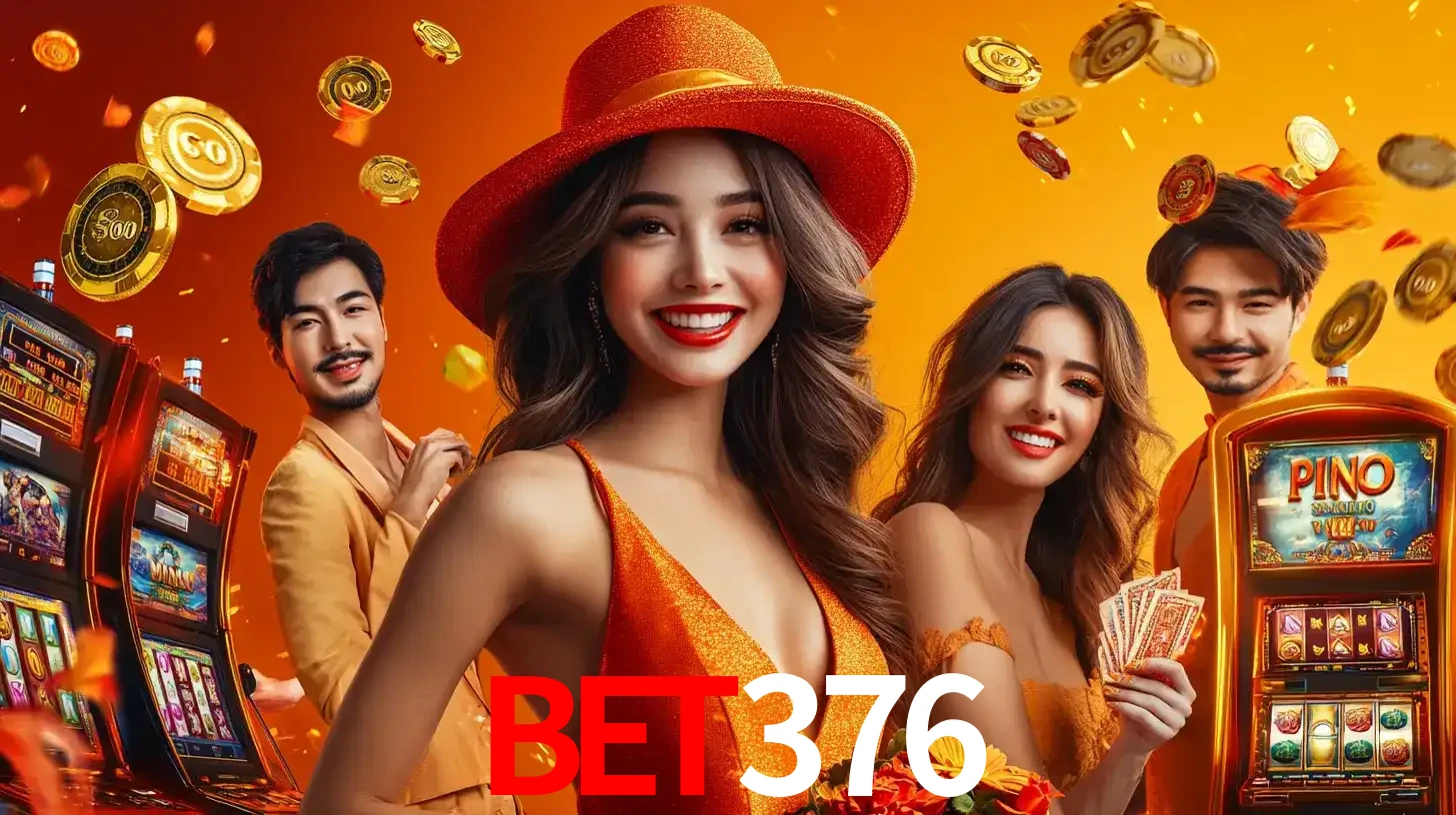 Grupo de amigos asiáticos sorrindo e se divertindo com máquinas de caça-níqueis em um ambiente festivo, celebrando suas vitórias nos jogos de cassino do bet376.