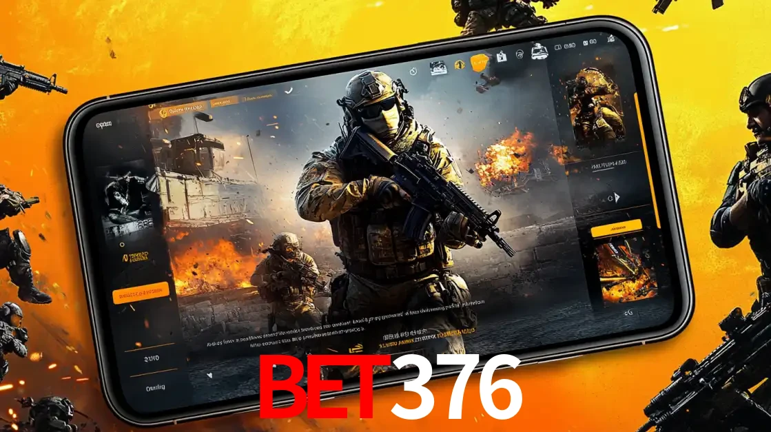 Um smartphone exibindo a interface de um jogo de tiro em primeira pessoa, com um soldado em um cenário de batalha, representando a ação dos e-sports para apostar no bet376.