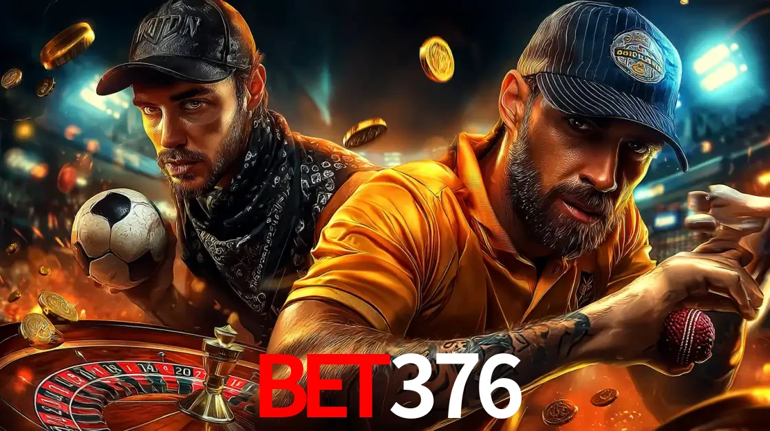 Montagem de apostas esportivas e cassino no bet376, com um homem segurando uma bola de futebol e outro uma de beisebol sobre uma roleta e moedas voadoras.