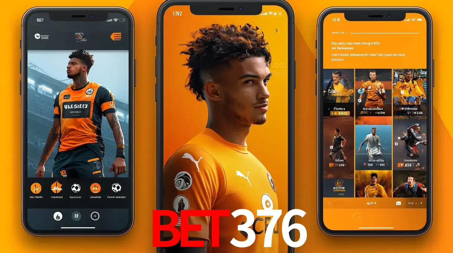 Interface do aplicativo de apostas esportivas bet376 em três telas de celular, mostrando o perfil de um jogador de futebol e a lista de jogos disponíveis para apostar.