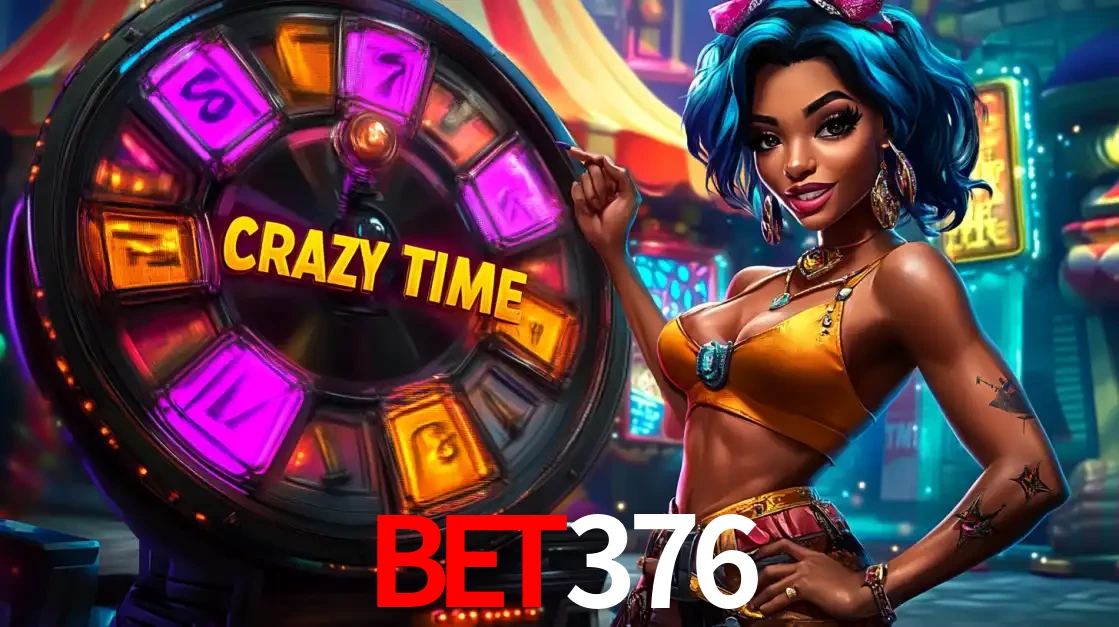Mulher estilizada com cabelo azul e visual vibrante posando ao lado da roda de prêmios do game show Crazy Time, convidando para a diversão e os bônus do cassino bet376.