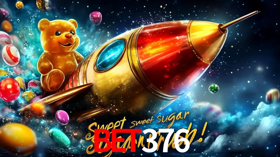 Arte promocional do jogo de slot Sugar Rush, com um urso de pelúcia em um foguete viajando pelo espaço de doces, um dos jogos divertidos disponíveis no cassino bet376.