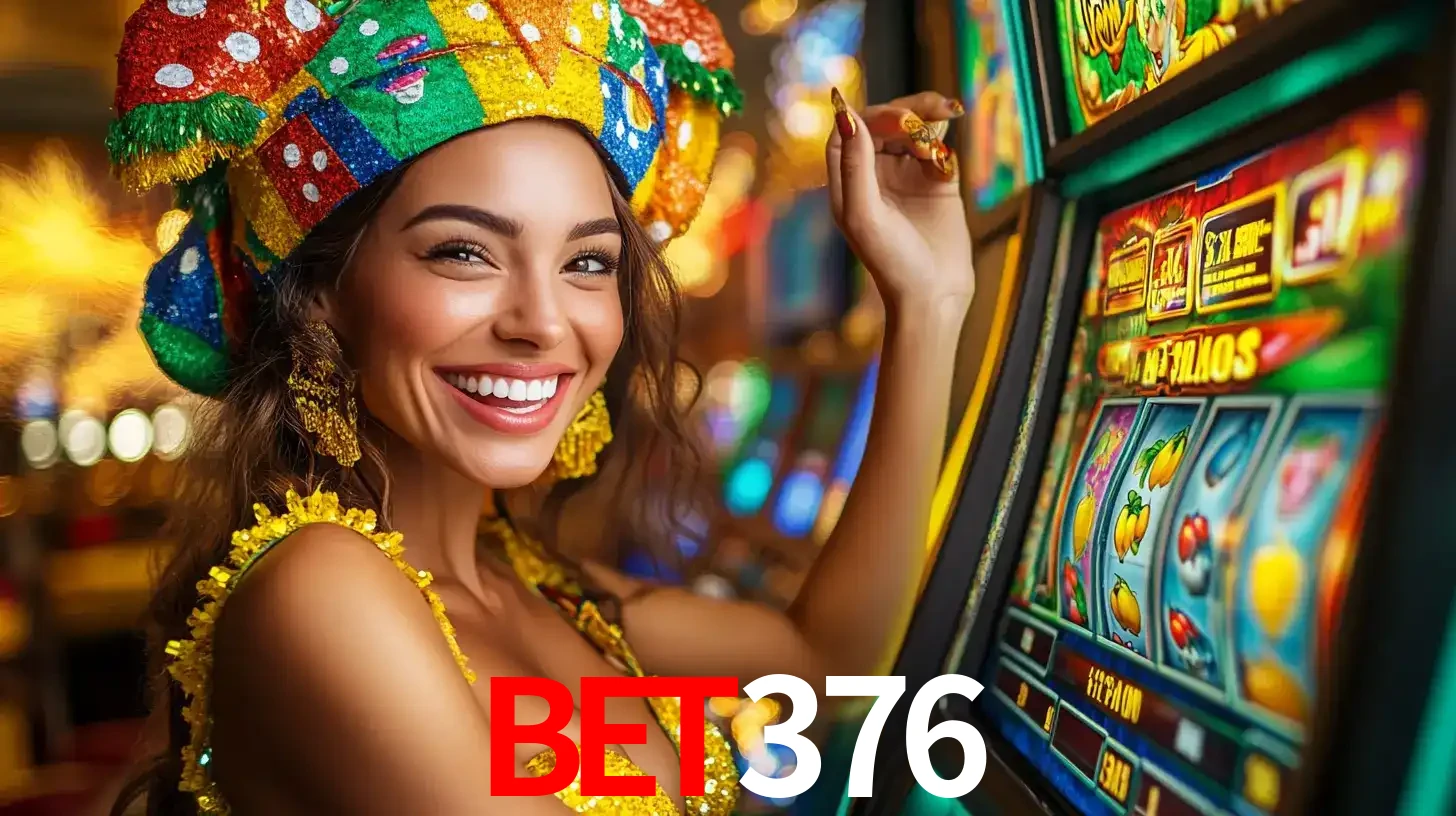 Mulher feliz com traje de carnaval amarelo e colorido ao lado de uma máquina de caça-níqueis, aproveitando a diversão e os jogos temáticos do cassino bet376.
