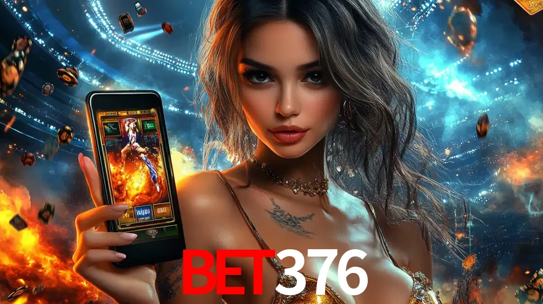 Mulher segurando um celular com um jogo de slot em destaque, tendo como fundo um estádio vibrante, simbolizando a emoção de jogar no cassino móvel bet376.