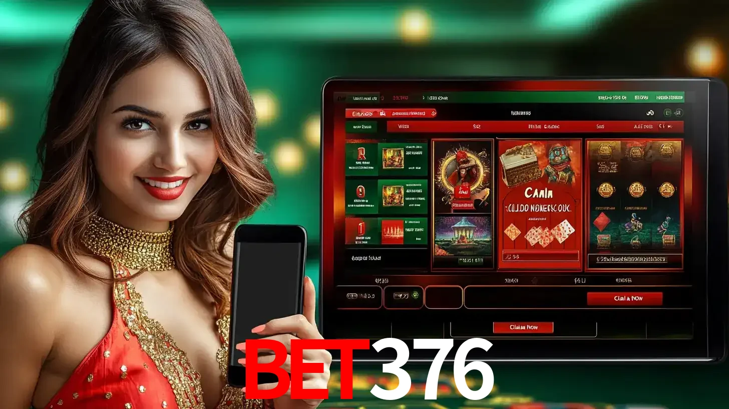 Mulher sorridente segurando um smartphone, ao lado de uma tela exibindo o lobby de jogos do cassino online bet376, com várias opções de jogos de cartas e slots.